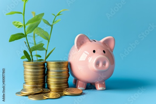 Pink piggy bank with a stack of coins nearby and a growing green sprout, savings and investment concept with copyspace 