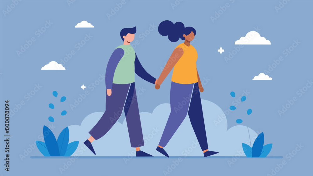 Two individuals with anxiety go on a walk together practicing deep breathing and grounding techniques while discussing their shared struggles.. Vector illustration Two individuals with anxiety go on a walk together practicing deep breathing and grounding techniques while discussing their shared struggles.. Vector illustration
