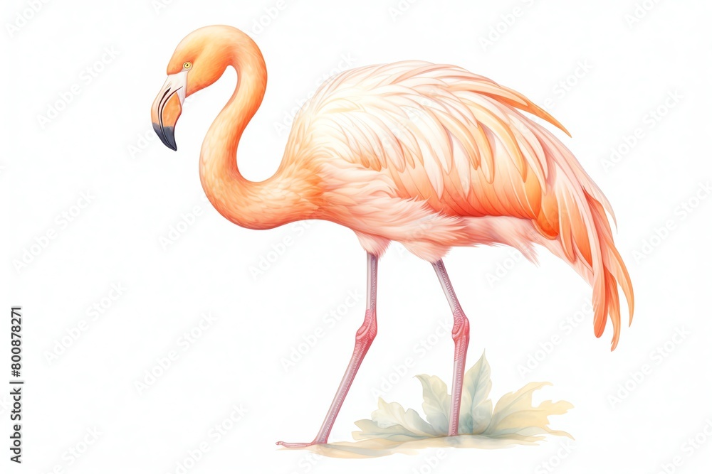 A watercolor painting of a pink flamingo standing on one leg in a graceful pose, with its head turned to the side