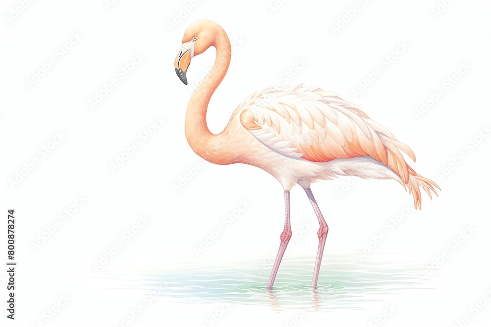 A watercolor painting of a pink flamingo standing in a shallow pool of water. The flamingo is facing to the left of the viewer.