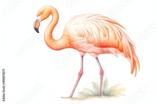 A watercolor painting of a pink flamingo standing on one leg in a graceful pose  with its head turned to the side