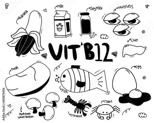 Line art vector hand drawn doodles cartoon set of vitamin b12 food objects and elements