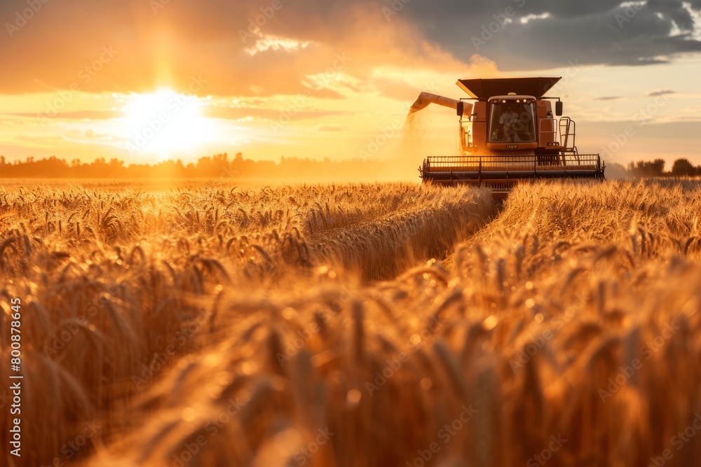 Fototapeta premium Seasonal wheat harvest by combine, concept of agricultural business, eco products 