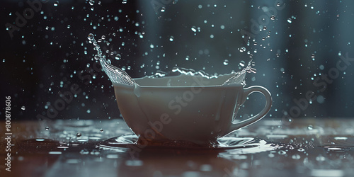 Cup of coffee with splashes of water on a black background with copy space 