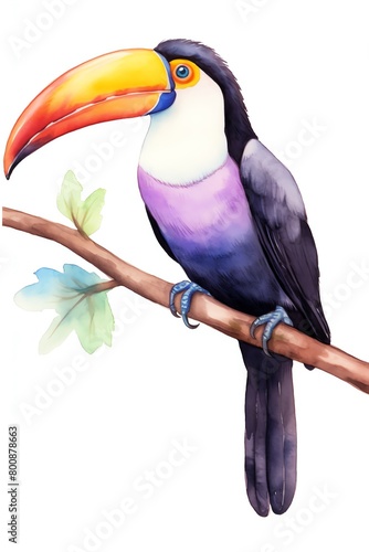 A watercolor painting of a toucan, with a large yellow and orange beak, blue neck, and black wings.