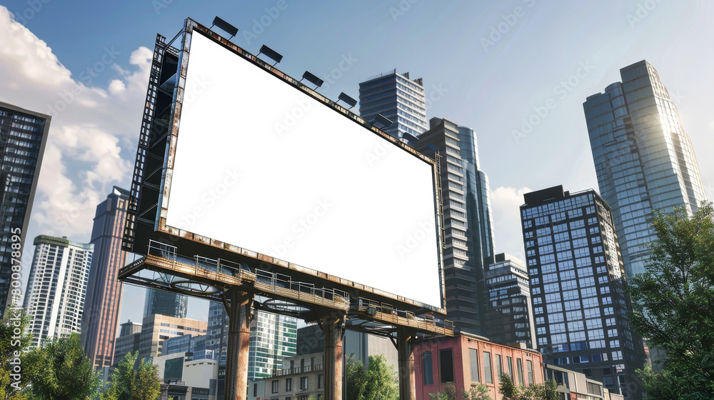 An empty billboard stands tall amidst a bustling city, awaiting advertisement to fill the space. Mockup An empty billboard stands tall amidst a bustling city, awaiting advertisement to fill the space. Mockup