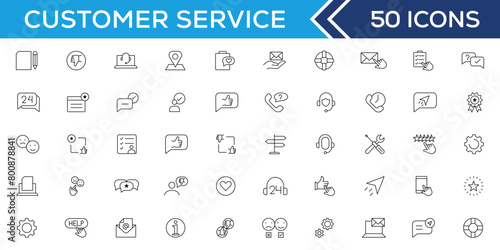 Customer service icon set. Containing customer satisfied, assistance, experience, feedback, operator and technical support icons. Thin outline icons pack.