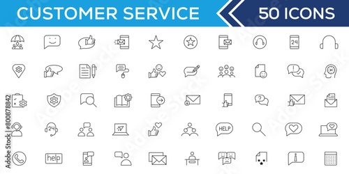 Customer service icon set. Containing customer satisfied, assistance, experience, feedback, operator and technical support icons. Thin outline icons pack.