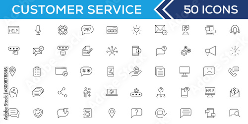 Customer service icon set. Containing customer satisfied, assistance, experience, feedback, operator and technical support icons. Thin outline icons pack.