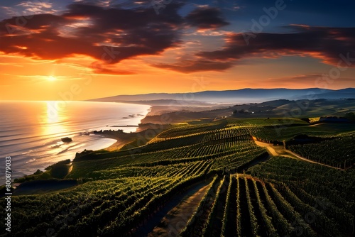 coastal vineyard with ocean in the background in ambient light