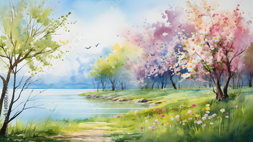 Digital watercolor lake flowers forest landscape abstract graphic poster web page PPT background