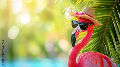 Bright pink flamingo in sunglasses with a hat on a bright blurred background, concept of summer holidays, tourism, banner with copyspace  © Tatiana