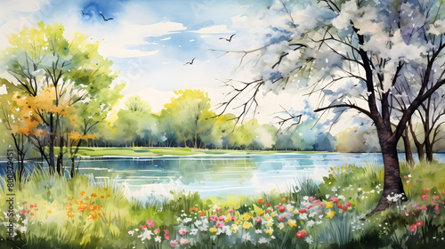 Fototapeta Naklejka Na Ścianę i Meble -  Digital watercolor lake flowers forest landscape abstract graphic poster web page PPT background