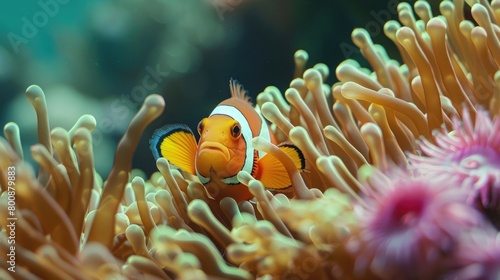 A captivating image of a clownfish peeking out from an anemone, showcasing the symbiotic relationships and intricate balance within coral reef ecosystems on World Reef Awareness Day.