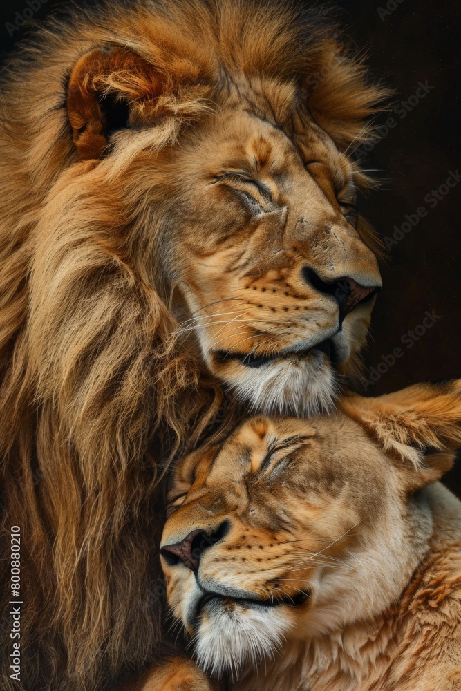 Fototapeta premium a lion and a lioness cuddling together