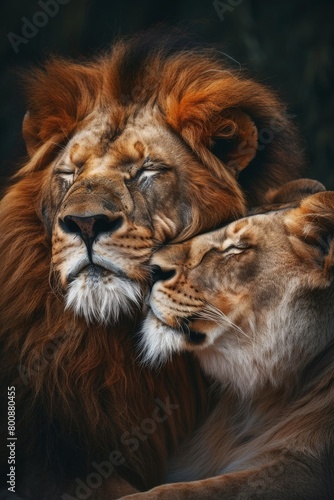 a lion and a lioness cuddling together