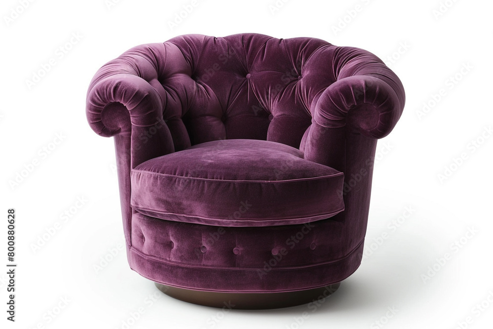 A plush velvet swivel chair in deep purple isolated on a solid white background. A plush velvet swivel chair in deep purple isolated on a solid white background.