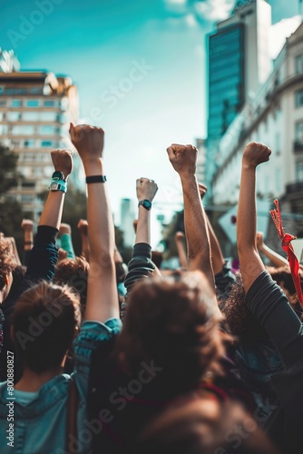 A group of people are holding up their hands in the air