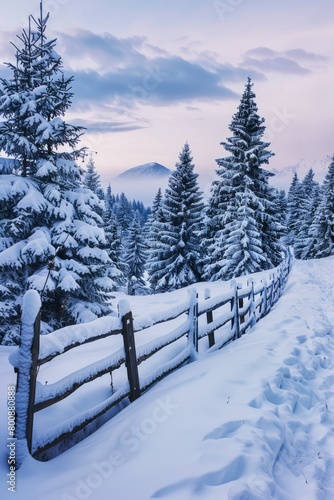 Winter Sunset Over Snow-Covered Pine Trees and Wooden Fence in Mountain Landscape © Olena Rudo