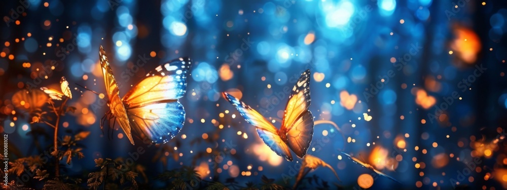3D render of magical glowing butterflies in the air