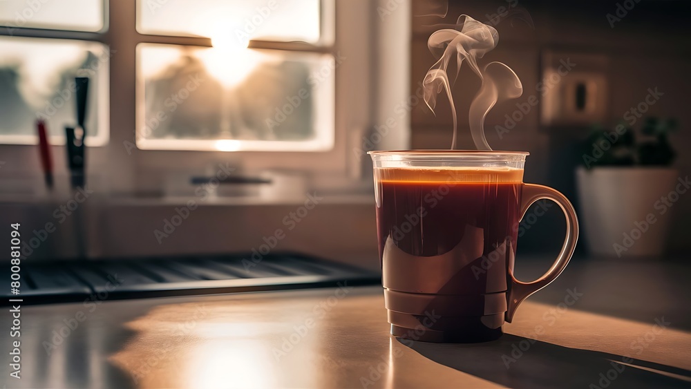 A plastic coffee mug placed at the counter gives a warm glow in the morning A plastic coffee mug placed at the counter gives a warm glow in the morning