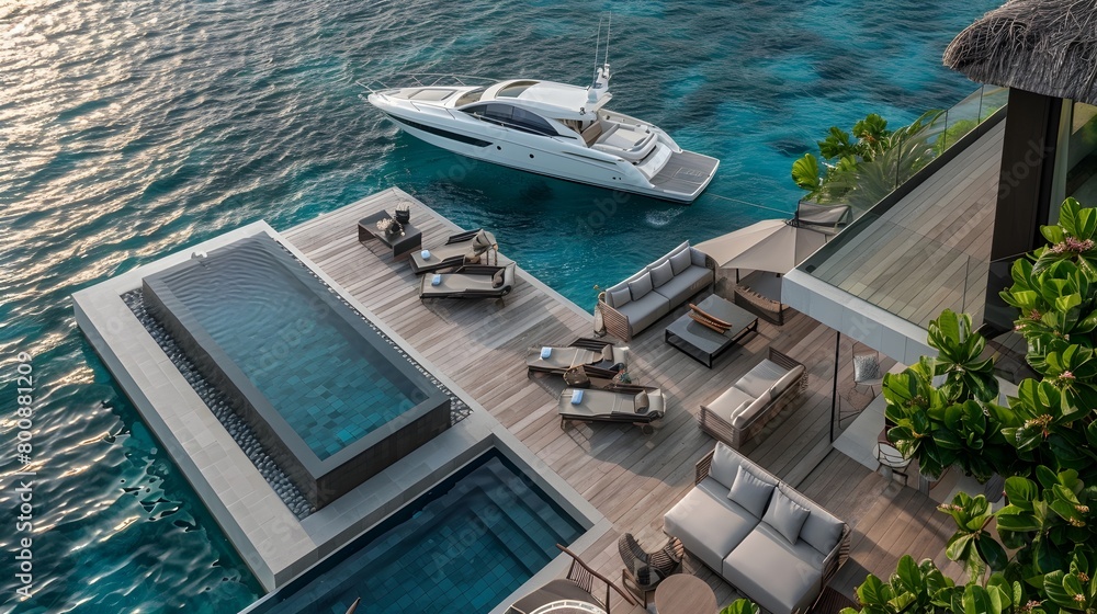 Fototapeta premium Luxurious Seaside Villa with Private Dock Pool Terrace and Yacht Mooring