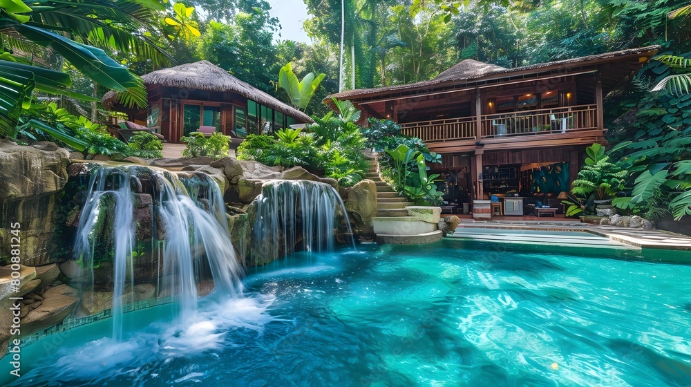 Tropical Rainforest Oasis with Cascading Waterfall and Tranquil Pool Villa