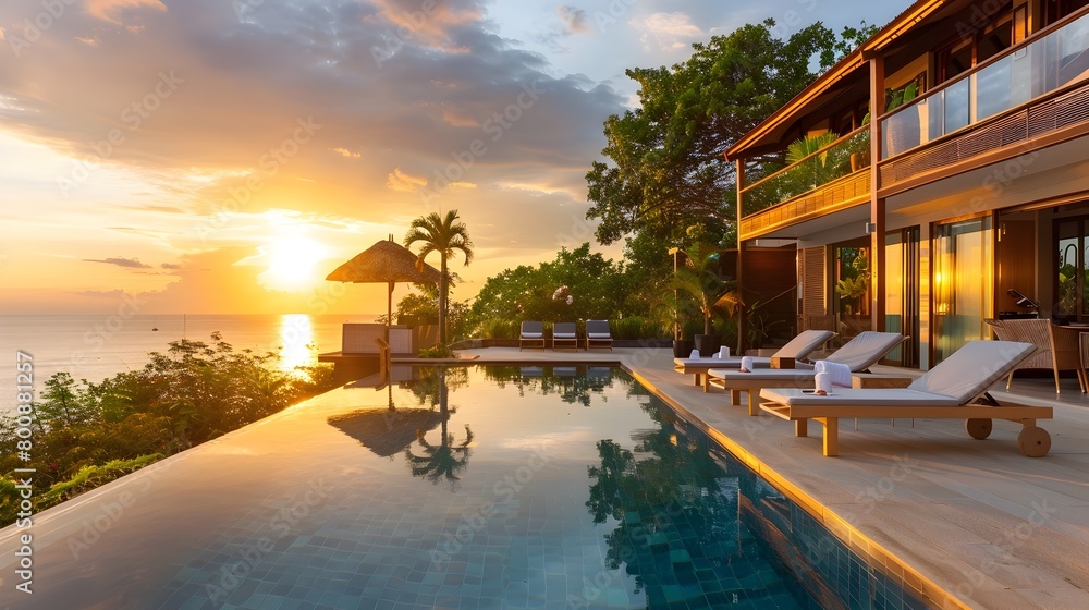 Sunset Seaside Luxury Villa with Illuminated Pool Offering Warm Inviting Ambiance