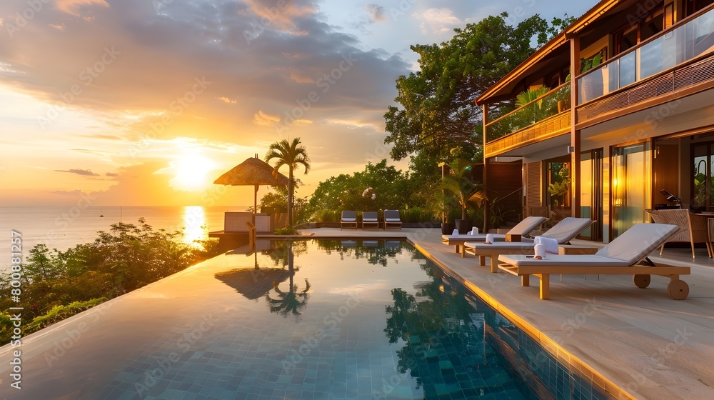 Naklejka premium Sunset Seaside Luxury Villa with Illuminated Pool Offering Warm Inviting Ambiance
