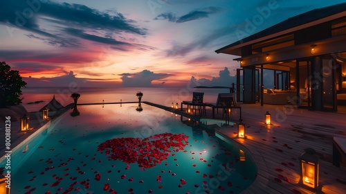 Romantic Seaside Villa with Heart Shaped Pool and Floating Rose Petals at Dusk © doraclub