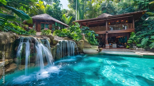 Tropical Rainforest Oasis with Cascading Waterfall and Tranquil Pool Villa © doraclub