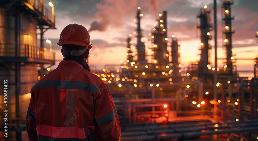 Industry worker one male from behind with safety jacket and helmet at refinery plant, Heavy industrial