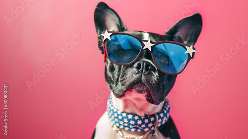 Cute Boston Terrier Dog Wearing Fourth of July belt and sunglasses, generative Ai © Zoya