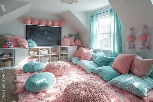 Kid-Friendly Playroom Design: Chalkboard Wall, Storage, and Cushions in Pink & Turquoise