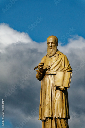 Golden statue of Saint Francis de Sales. Statue dorée de Saint François de Sales. Viuz-en-Sallaz, Haute Savoie - France 