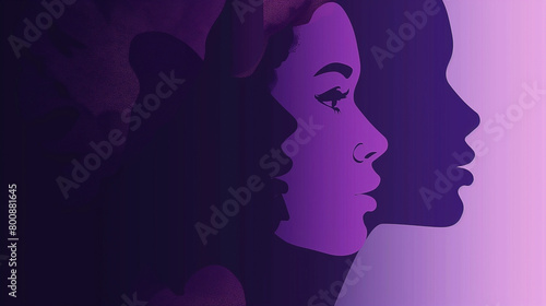International women's day poster with silhouettes of multicultural women's faces in purple style © khozainuz