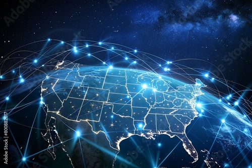 Digital US Map: International Data Transfer Network Connections on Modern Globe Background