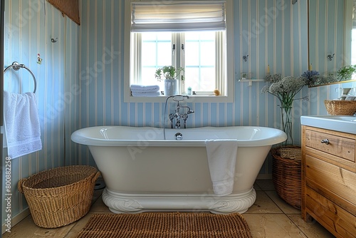 Blue and White Striped Beach-Themed Bathroom with Clawfoot Tub and Driftwood Accents