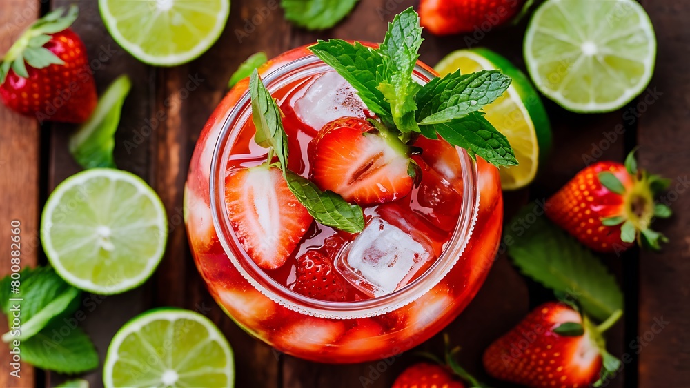Naklejka premium Strawberry lime mojito with fresh mint and ice in glass jar summer refreshing drink