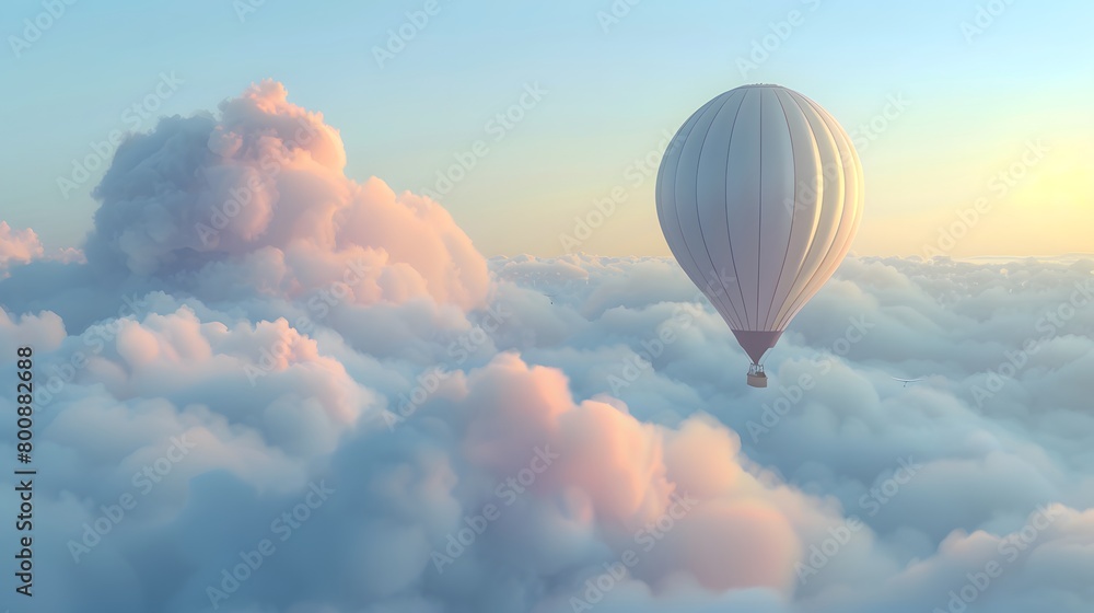 Fototapeta premium A serene depiction of a hot air balloon drifting effortlessly among fluffy clouds, capturing the essence of tranquility and freedom high above the earth.
