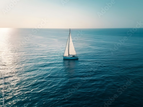 A serene depiction of a sailboat cutting through the expansive, blue ocean, embodying the sense of freedom and adventure associated with sea voyages.  Keywords © acharof