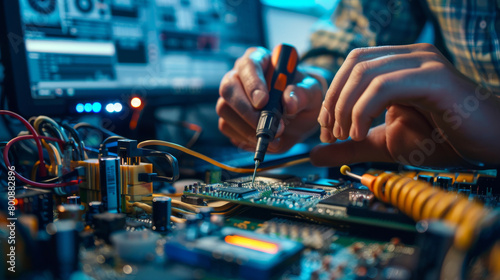 An electronics technician expertly soldering components onto a circuit board with focus on the soldering iron.