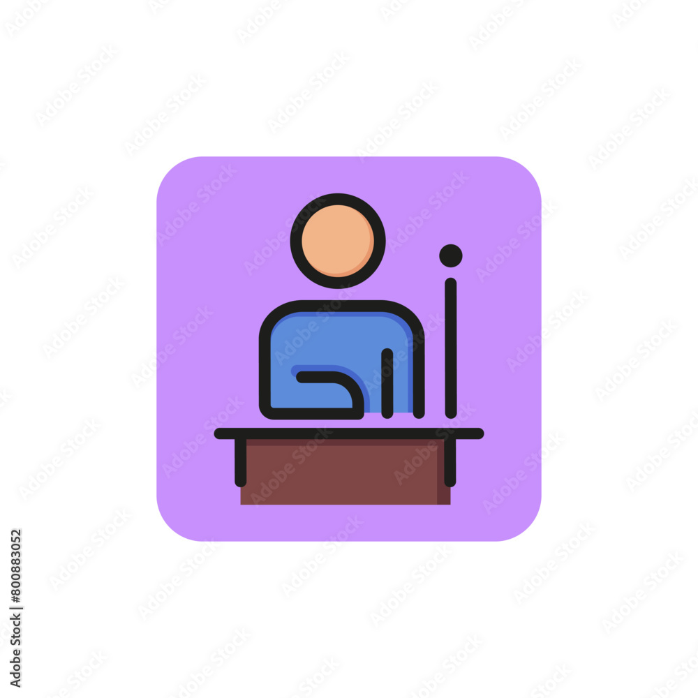 Line icon of man sitting at table. Consultant, helpdesk, reference data. Info concept. Can be used for topics like business, internet, service Line icon of man sitting at table. Consultant, helpdesk, reference data. Info concept. Can be used for topics like business, internet, service