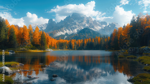 An picturesque autumn scene of the Dolomites in Italy, with vibrant orange trees around an idyllic lake reflecting the surrounding mountains and clouds. Created with Ai