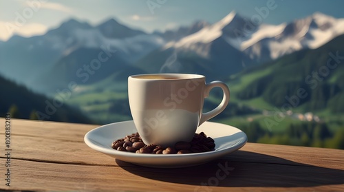 Cup of hot coffee or tea on background of picturesque mountain view. Based.generative.ai