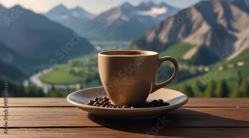 Cup of hot coffee or tea on background of picturesque mountain view. Based.generative.ai