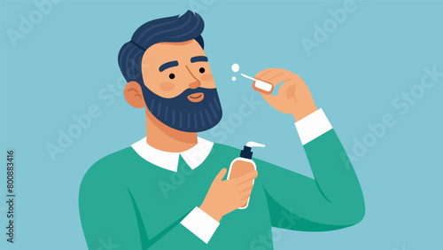 For his beard the man uses a beard oil to keep it soft and manageable..