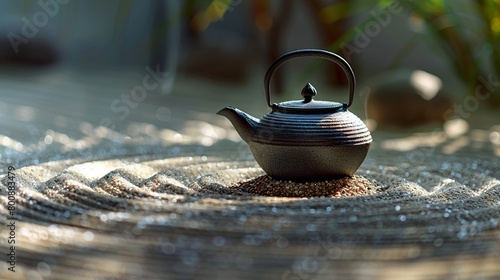 Teapot, Sand Garden, Minimalistic and peaceful, inspired by Japanese Zen gardens Teapot resting on raked sand with tiny pebbles Photography, Silhouette lighting, Vignette effect