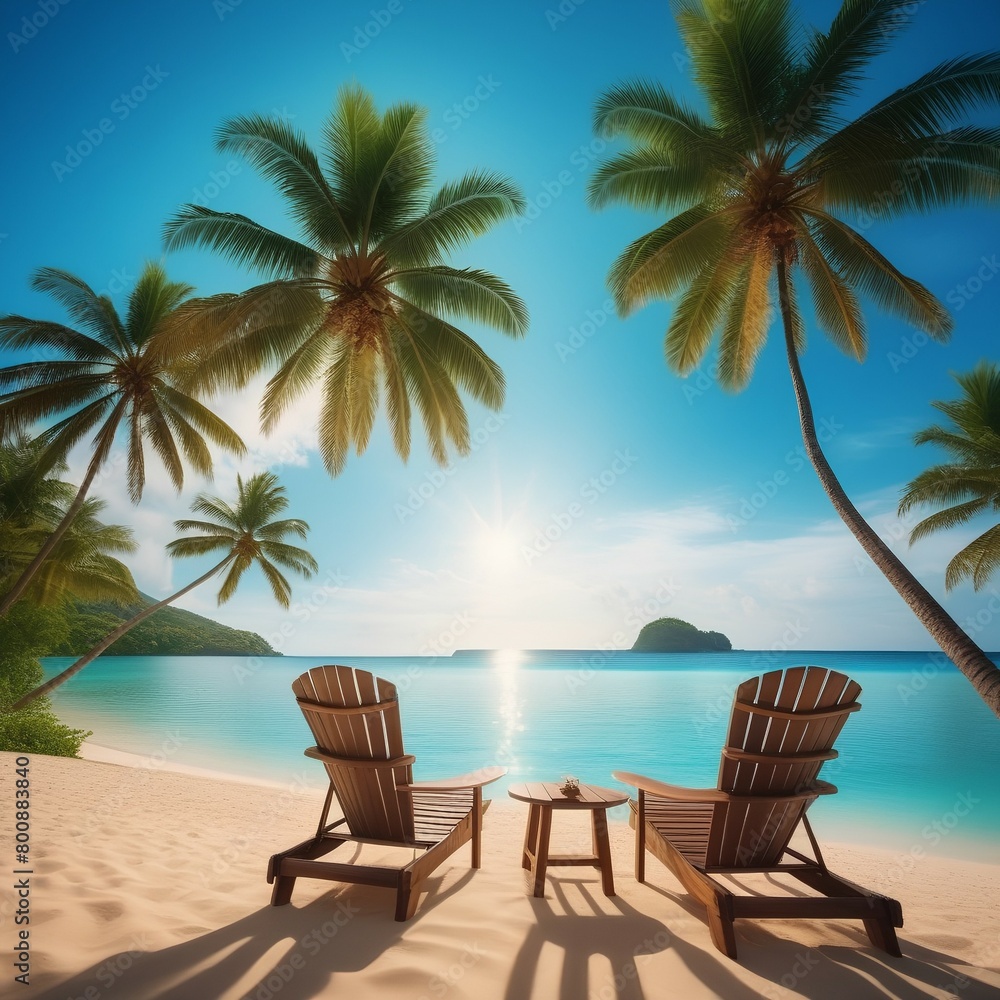 Tropical still life. Dawn on the sandy coast with palm trees. Sun loungers and ball on the beach