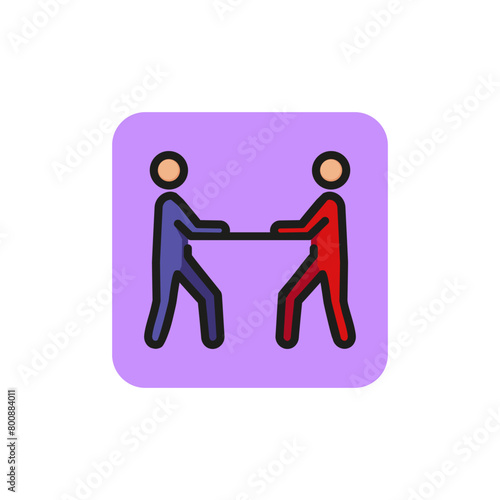 Line icon of two people at table. Face-to-face interrogation, interview, debate. Court concept. Can be used for topics like business, judicial system, communication